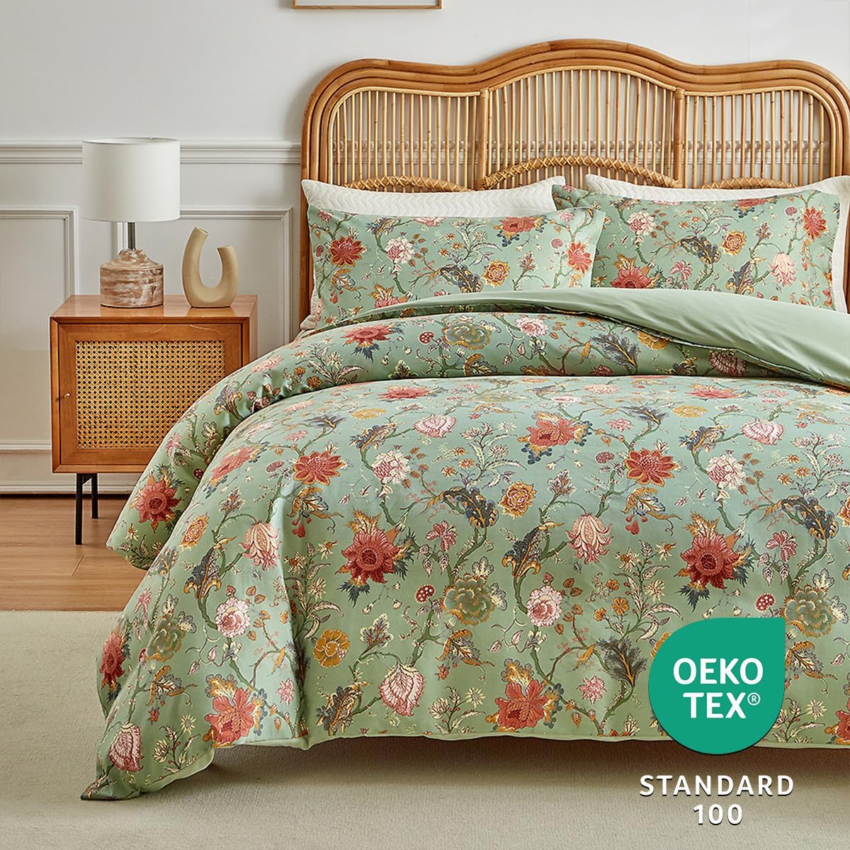 JOLUSERE 3 Piece Duvet Cover Sets King Soft Breathable Washed Microfiber Boho Floral Duvet Cover,Green