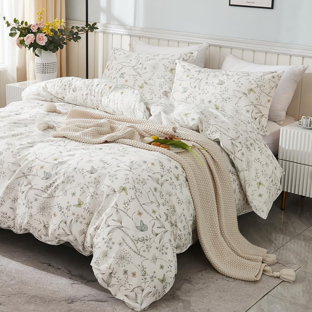 JOLUSERE 100% Cotton Duvet Cover White Floral Duvet Cover Set with Colorful Butterfly Pattern Queen Size,Pearl White