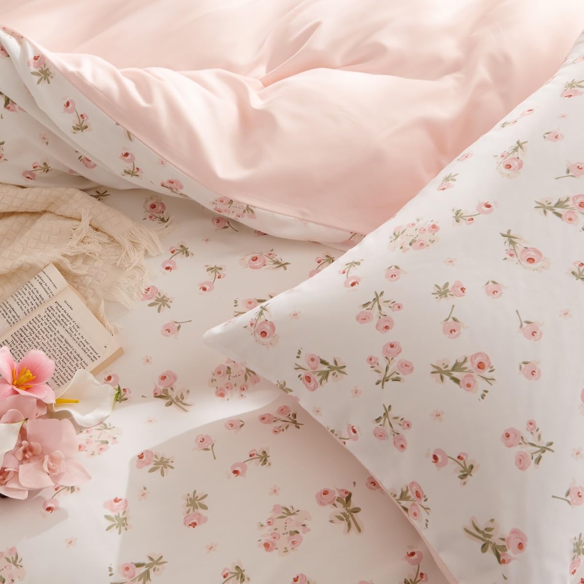 JOLUSERE Pink loyalty Floral Comforter Queen Sets, 3 Pieces Chic Botanical Pink White Floral Reversible Comforter for All Season