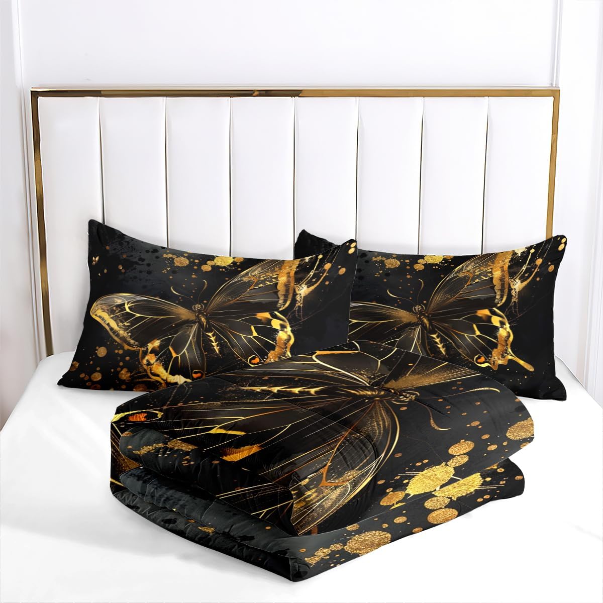 OMELA Black Gold Butterfly Comforter Set King Size,3 Pcs Aesthetics Gold Butterfly Black Starry Sky Galaxy Bedding Comforter Set for Kids Boys Adults All Season