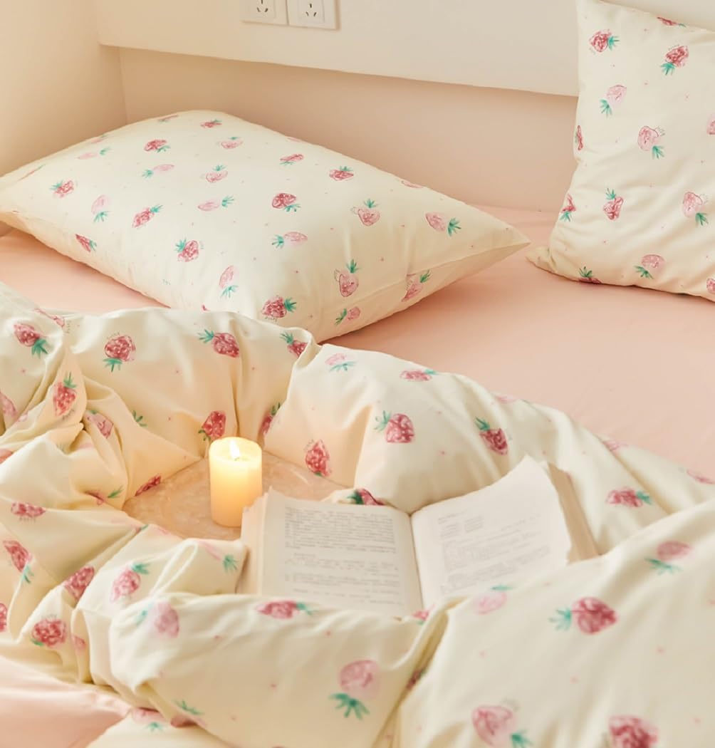 Jolusere Cream Pink Strawberry Girls Queen Comforter Set, 3 Pieces Soft Breathable Cute Bedding Sets with Comforter Pillowcases for Kids Girls