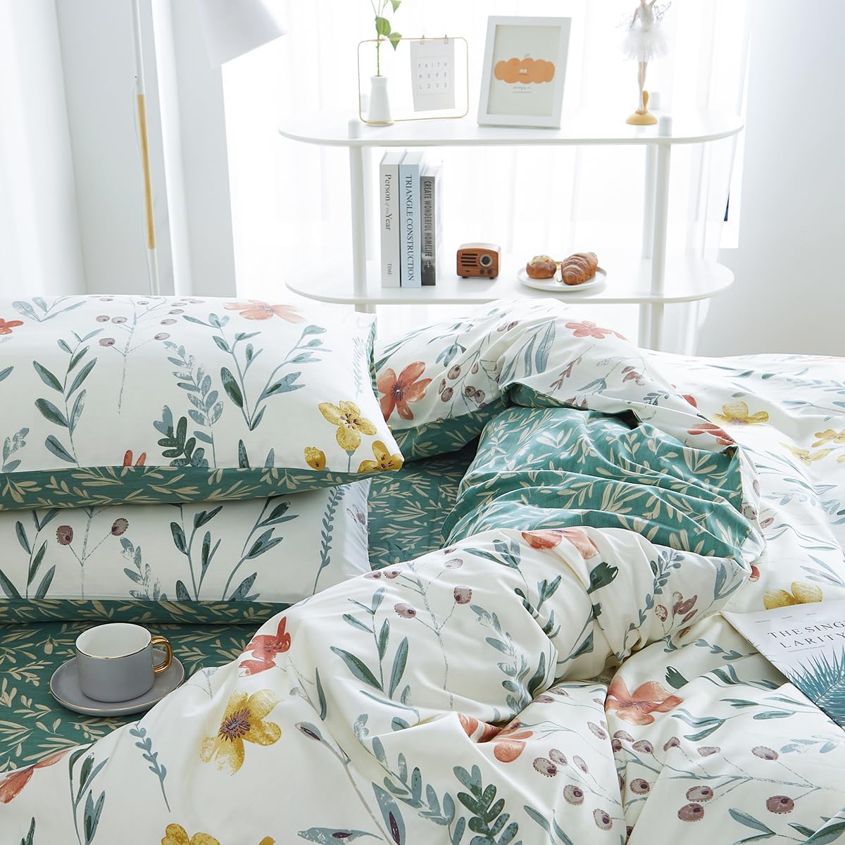 JOLUSERE 3 Pieces Green Botanical Leaf Yellow Flowers Printed on White Microfiber Reversible Bedding Set,Queen Size