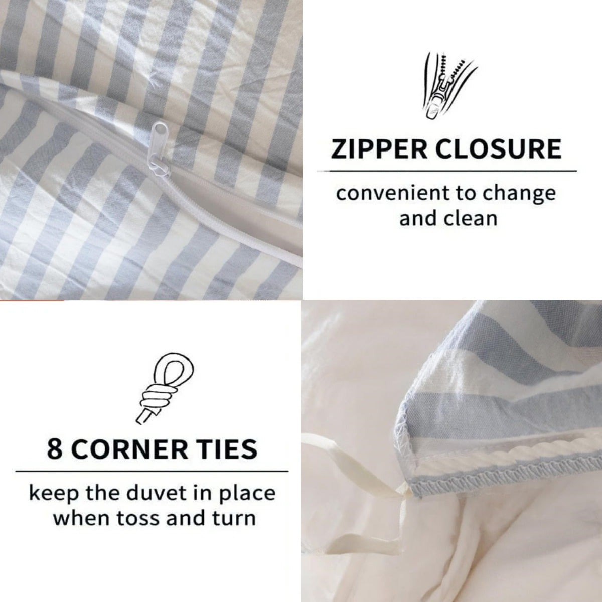 JOLUSERE 100% Organic Cotton Striped Duvet Cover Full Set, 3-Piece Linen Like Textured Breathable Bedding Cover(Cornflower Blue& White Classic Stripes)