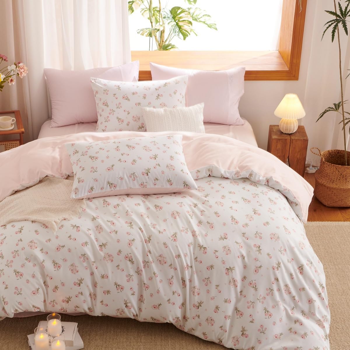 JOLUSERE Pink loyalty Floral Comforter King Sets, 3 Pieces Chic Botanical Pink White Floral Reversible Comforter for All Season
