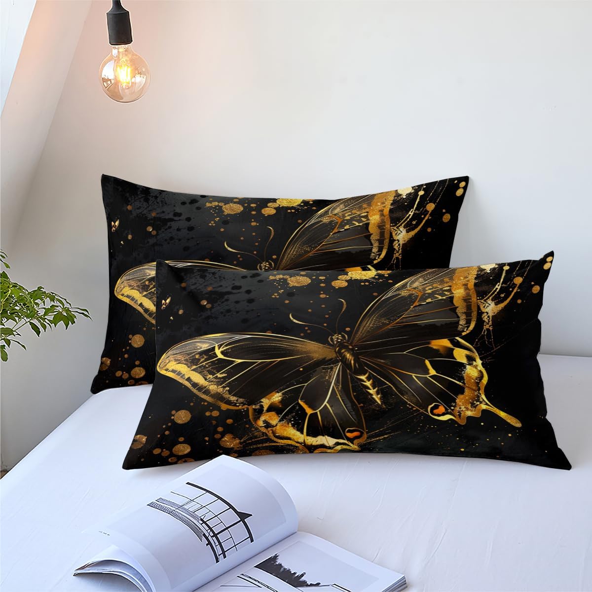 OMELA Black Gold Butterfly Comforter Set King Size,3 Pcs Aesthetics Gold Butterfly Black Starry Sky Galaxy Bedding Comforter Set for Kids Boys Adults All Season