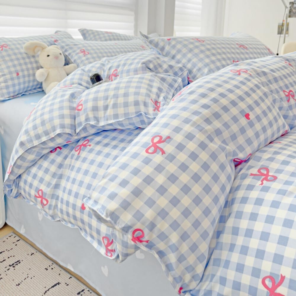 JOLUSERE 3-Piece Blue Plaid Pink Bows Comforter Queen Set , Cute Soft Bedding Set for Kids Adults