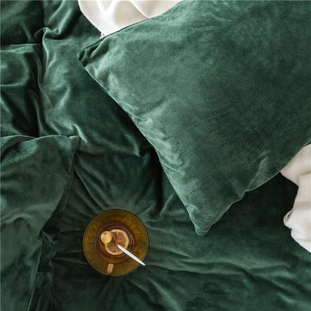 JOLUSERE Dark Green Velvet Duvet Cover Queen Set, 3-Piece Ultra Soft Fluffy Flannel Winter Bedding Cover