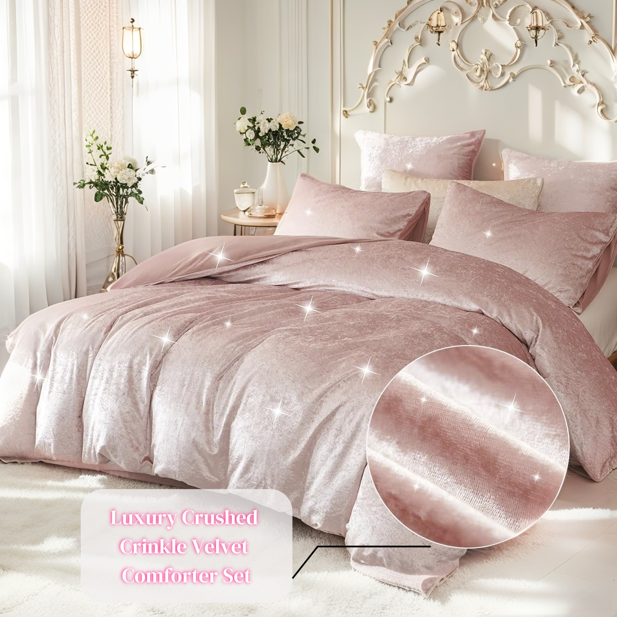 JOLUSERE Cozy Velvet Comforter Queen Set,Luxury 3-Piece Winter Fluffy Shiny Flannel Warm Reversible Comforter Set, Shiny Pink