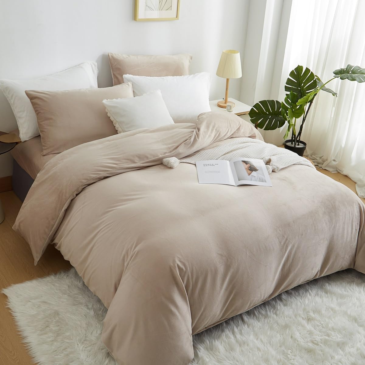 JOLUSERE Oatmeal Beige Velvet Duvet Cover King Set, 3-Piece Ultra Soft Fluffy Flannel Winter Bedding Cover