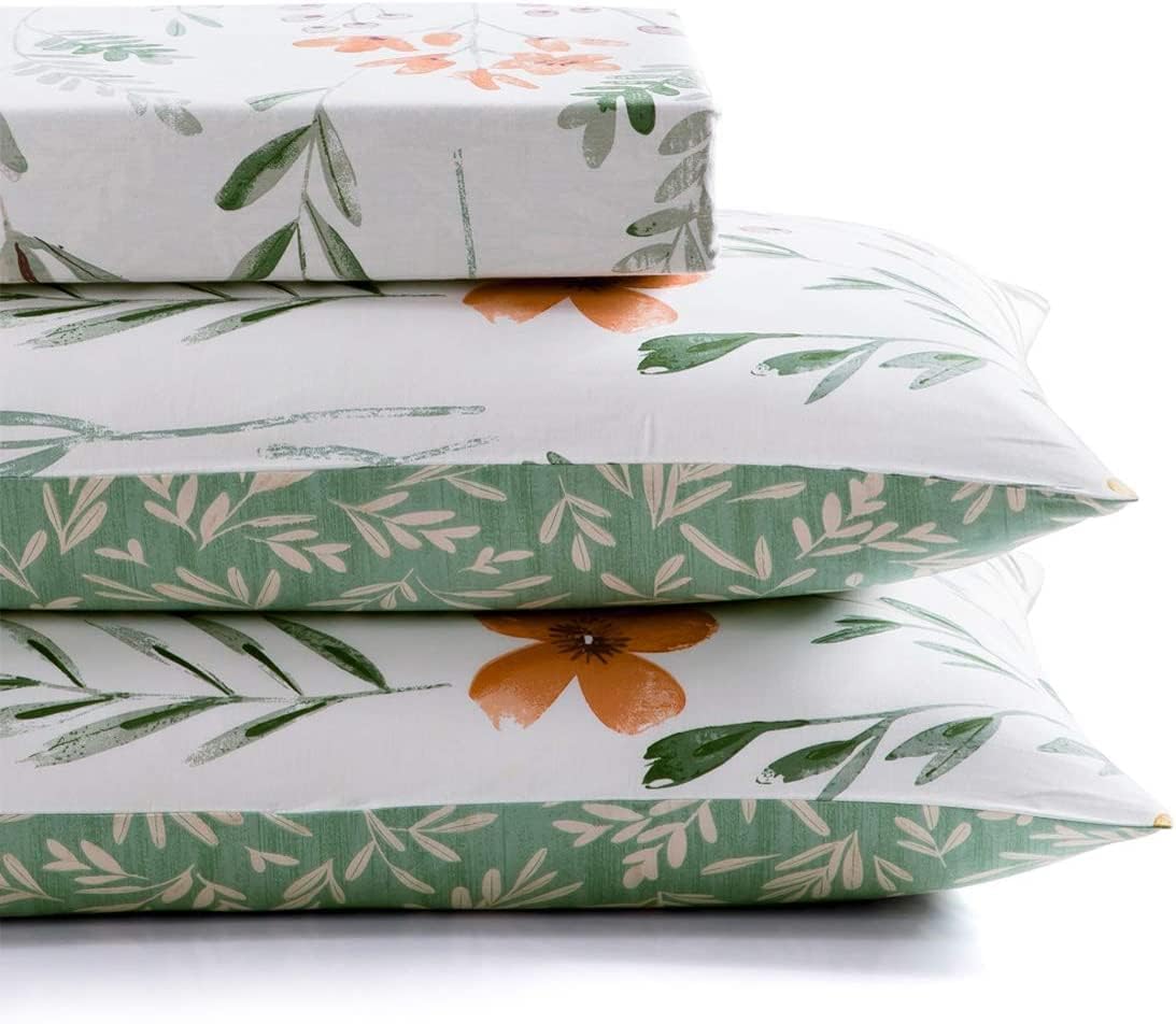 JOLUSERE 3 Pieces Green Botanical Leaf Yellow Flowers Printed on White Microfiber Reversible Bedding Set,Queen Size
