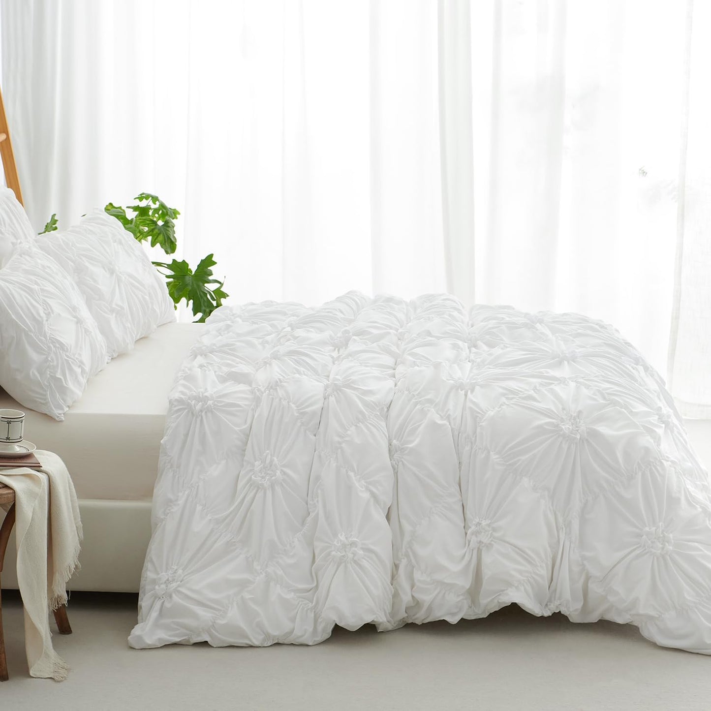 JOLUSERE Rustic French Style White Duvet Cover Sets King Size, Textured Flower Pinch Pleated Solid Luxury Bedding Sets