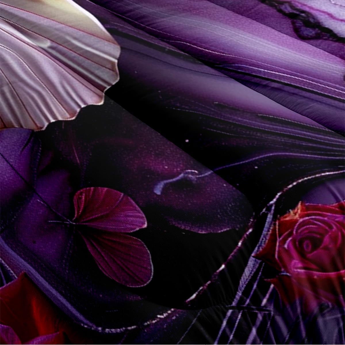 JOLOSERE Butterfly Roses Comforter Queen Set, 3-Piece Romantic Rose Butterfly Purple Bedding Comforter Set for Adults All Season