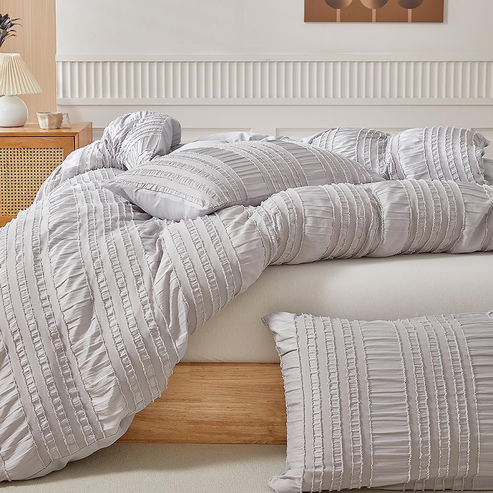 JOLUSERE Light Gray Duvet Cover King Sets, 3 Pieces Soft Breathable Striped Textured Comforter Cover Set