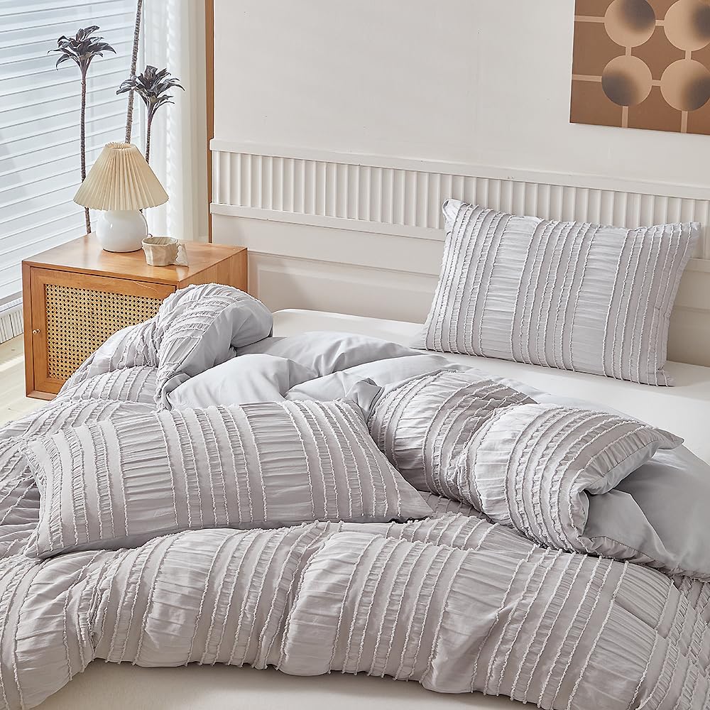 JOLUSERE Light Gray Duvet Cover Queen Sets, 3 Pieces Soft Breathable Striped Textured Comforter Cover Set