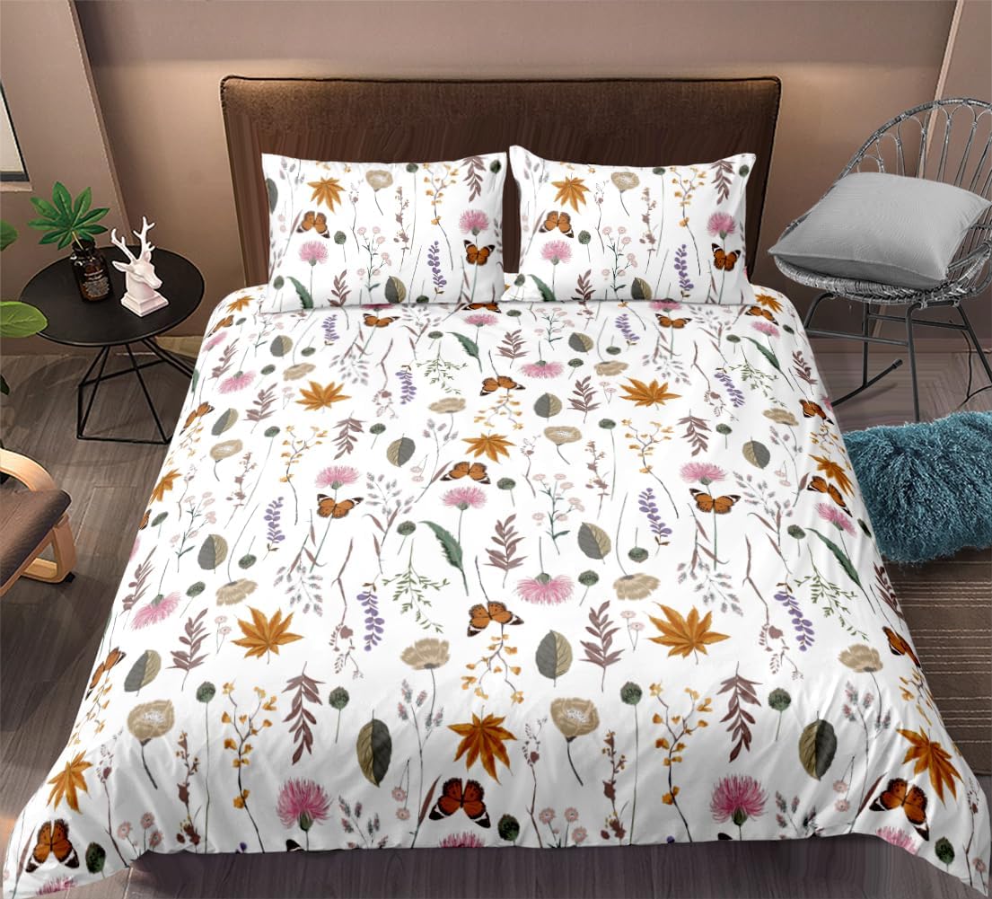 JOLUSERE 3 Piece Duvet Cover Sets Queen Soft Breathable Washed Microfiber Boho Floral Butterfly Duvet Cover, White