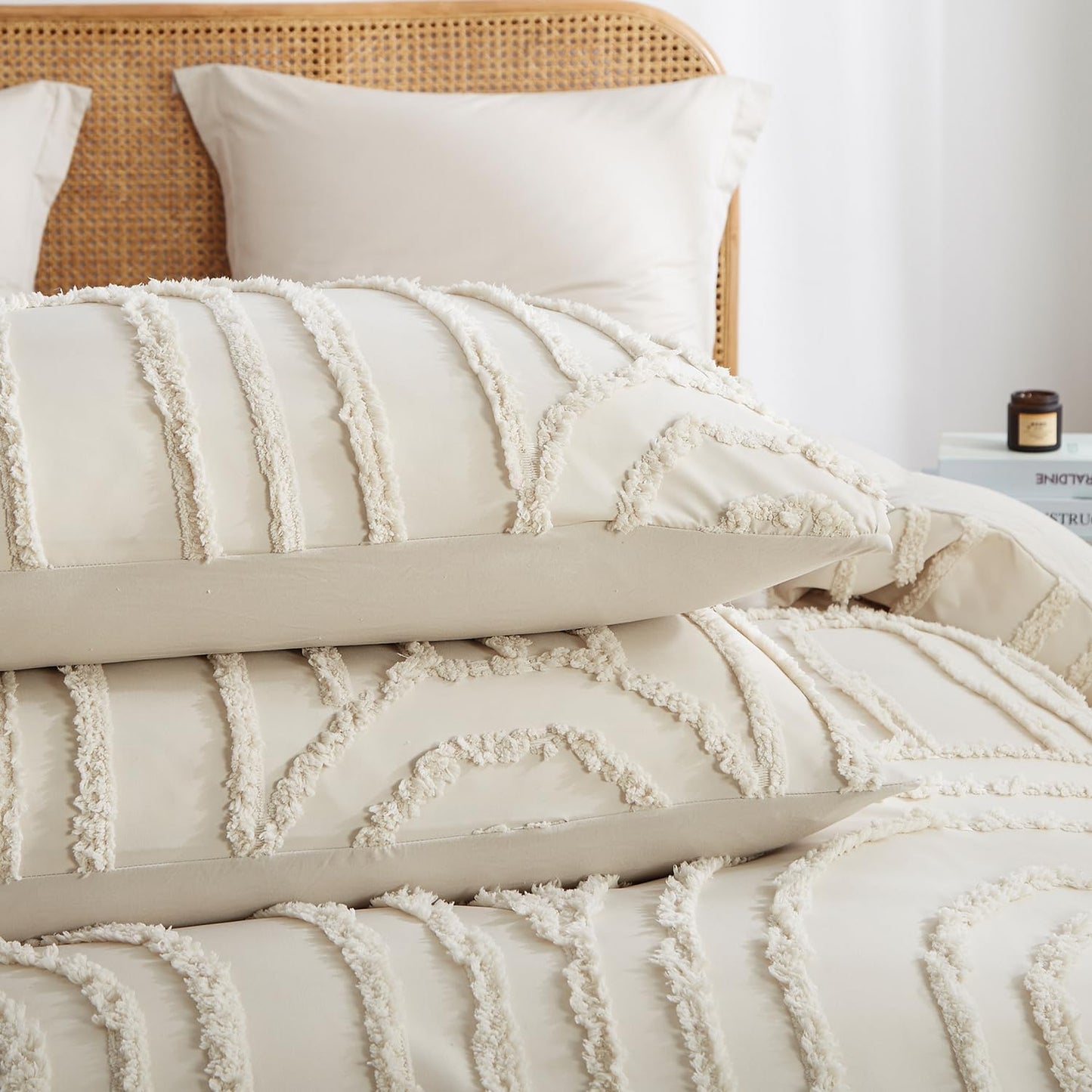 JOLUSERE 3 Piece Beige Tufted Duvet Cover Queen Set, Geometric Arch Pattern Shabby Chic Luxury Boho Bedding Set