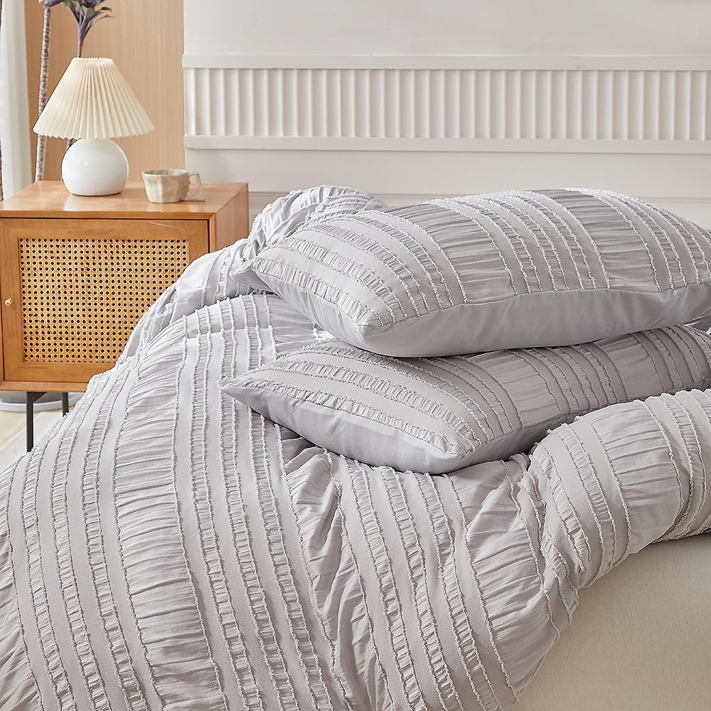 JOLUSERE Light Gray Duvet Cover King Sets, 3 Pieces Soft Breathable Striped Textured Comforter Cover Set