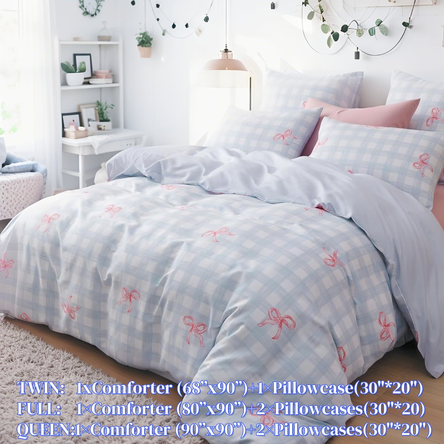 JOLUSERE 3-Piece Blue Gingham Pink Bow Comforter Full Set , Soft Grid Dorm Bedding Set for Kids Adults