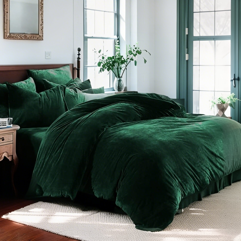 JOLUSERE Dark Green Velvet Duvet Cover King Set, 3-Piece Ultra Soft Fluffy Flannel Winter Bedding Cover