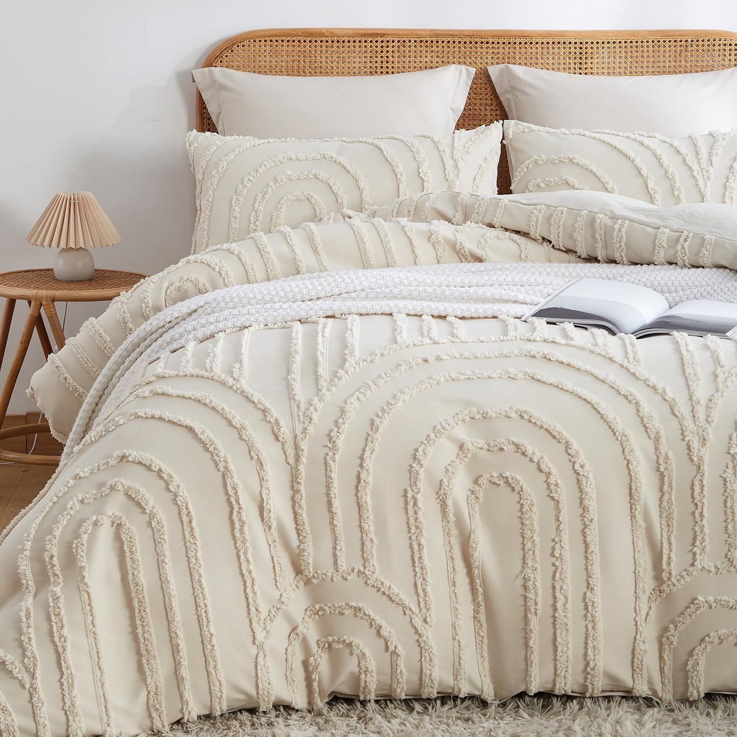JOLUSERE 3 Piece Beige Tufted Duvet Cover Queen Set, Geometric Arch Pattern Shabby Chic Luxury Boho Bedding Set