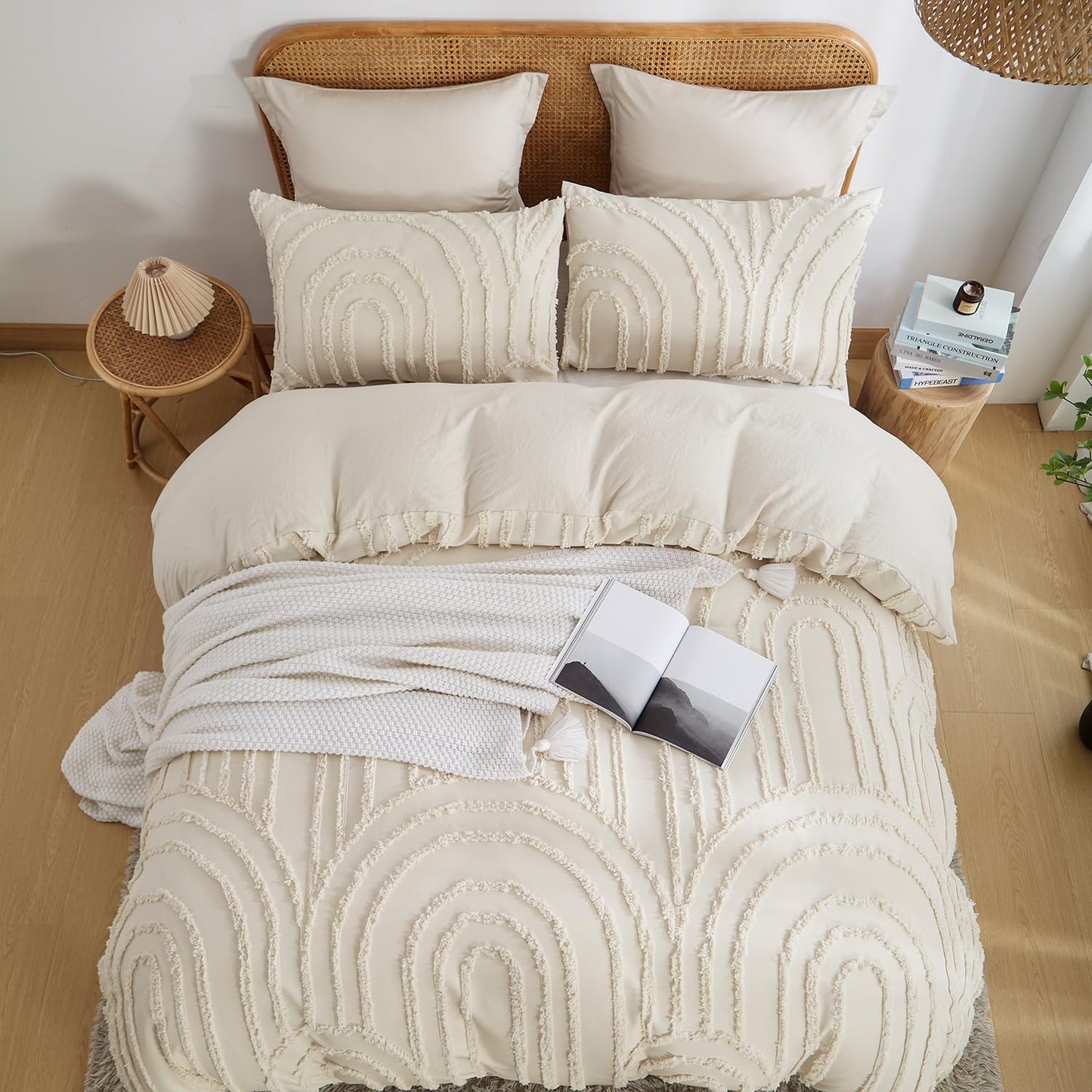 JOLUSERE 3 Piece Beige Tufted Duvet Cover Queen Set, Geometric Arch Pattern Shabby Chic Luxury Boho Bedding Set