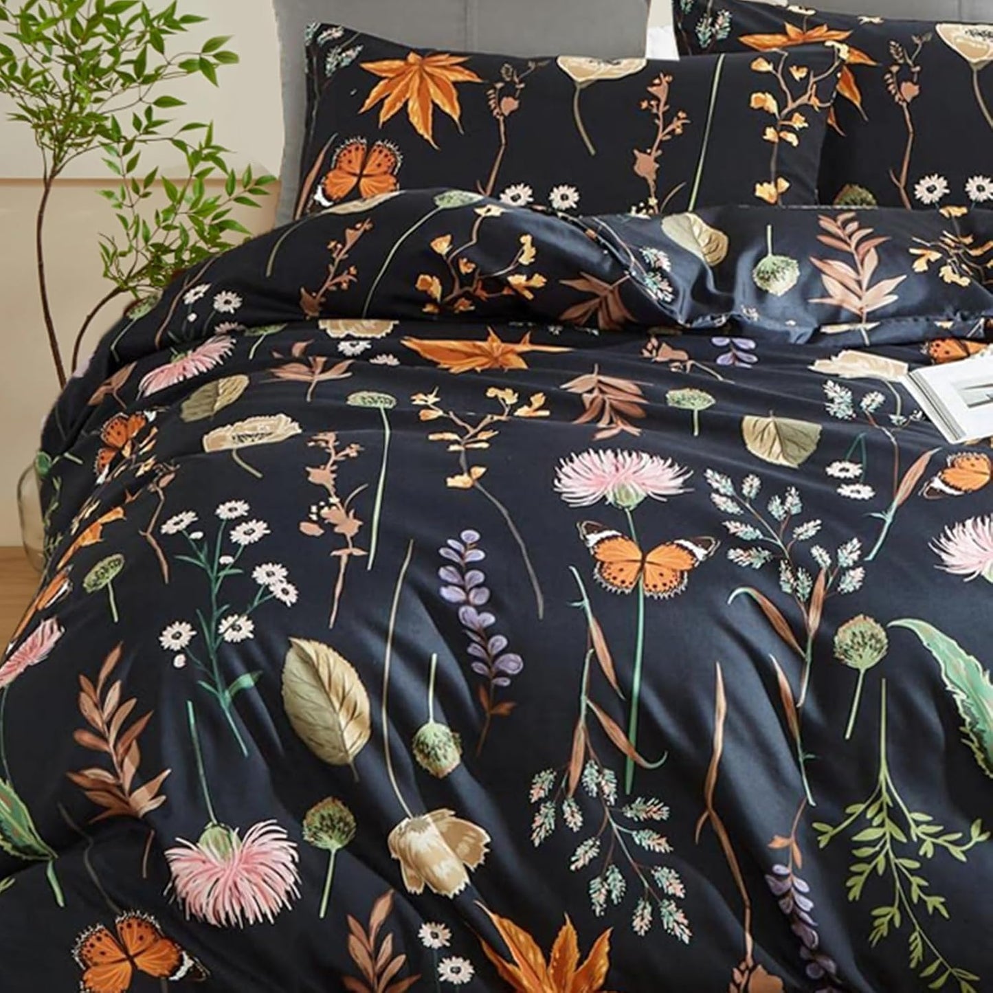 JOLUSERE 3 Piece Duvet Cover Sets Queen Soft Breathable Washed Microfiber Boho Floral Butterfly Duvet Cover, Black