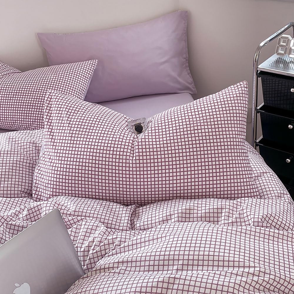 JOLUSERE 2-Piece Soft Breathable Gingham Duvet Cover Twin Set,Purple White Plaid Checkered Comforter Cover