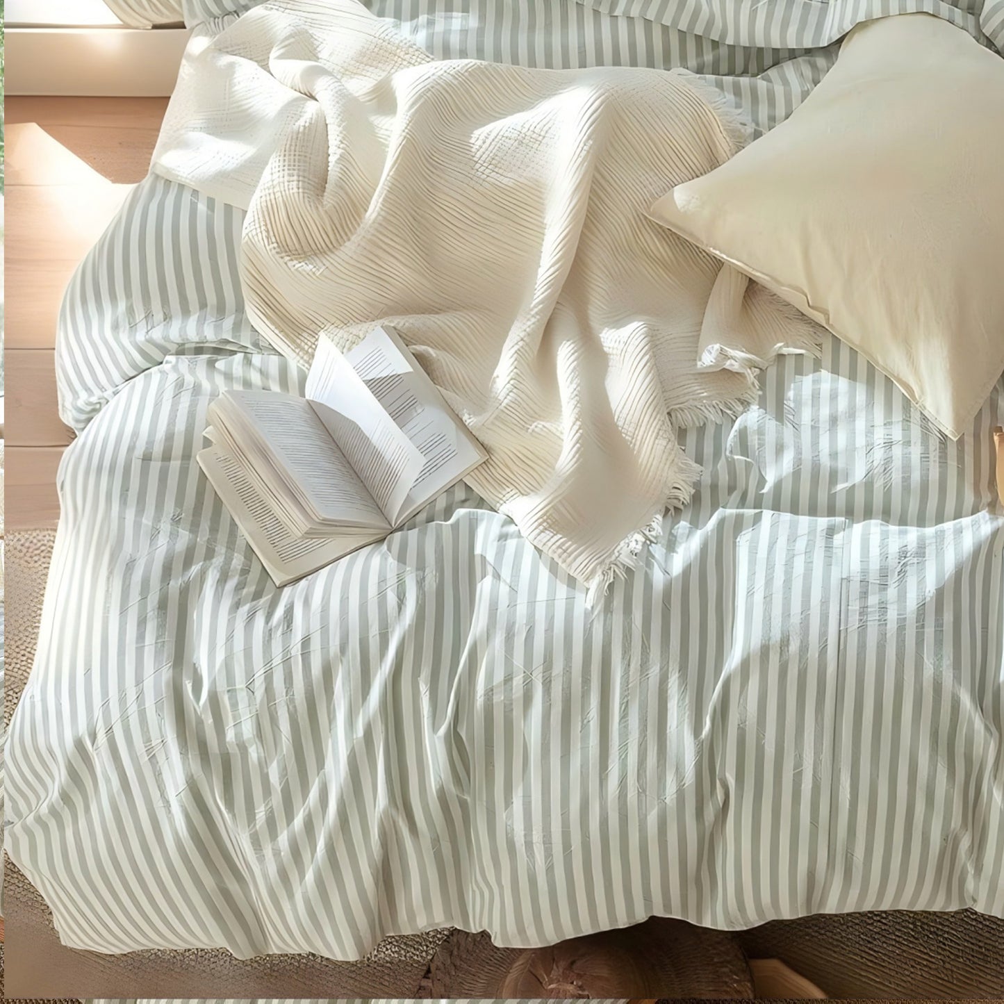 JOLUSERE 100% Organic Cotton Striped Duvet Cover King Set, 3-Piece Linen Like Textured Breathable Bedding Cover(Sage Green& White Classic Stripes)