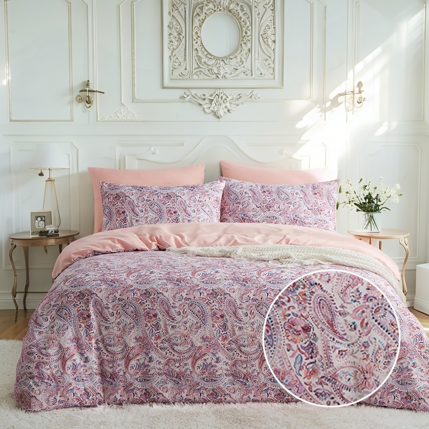 JOLUSERE 3-Piece Boho Vintage Pink Duvet Cover Queen Set, Soft Reversible Classical Bedding Set for All Seasons