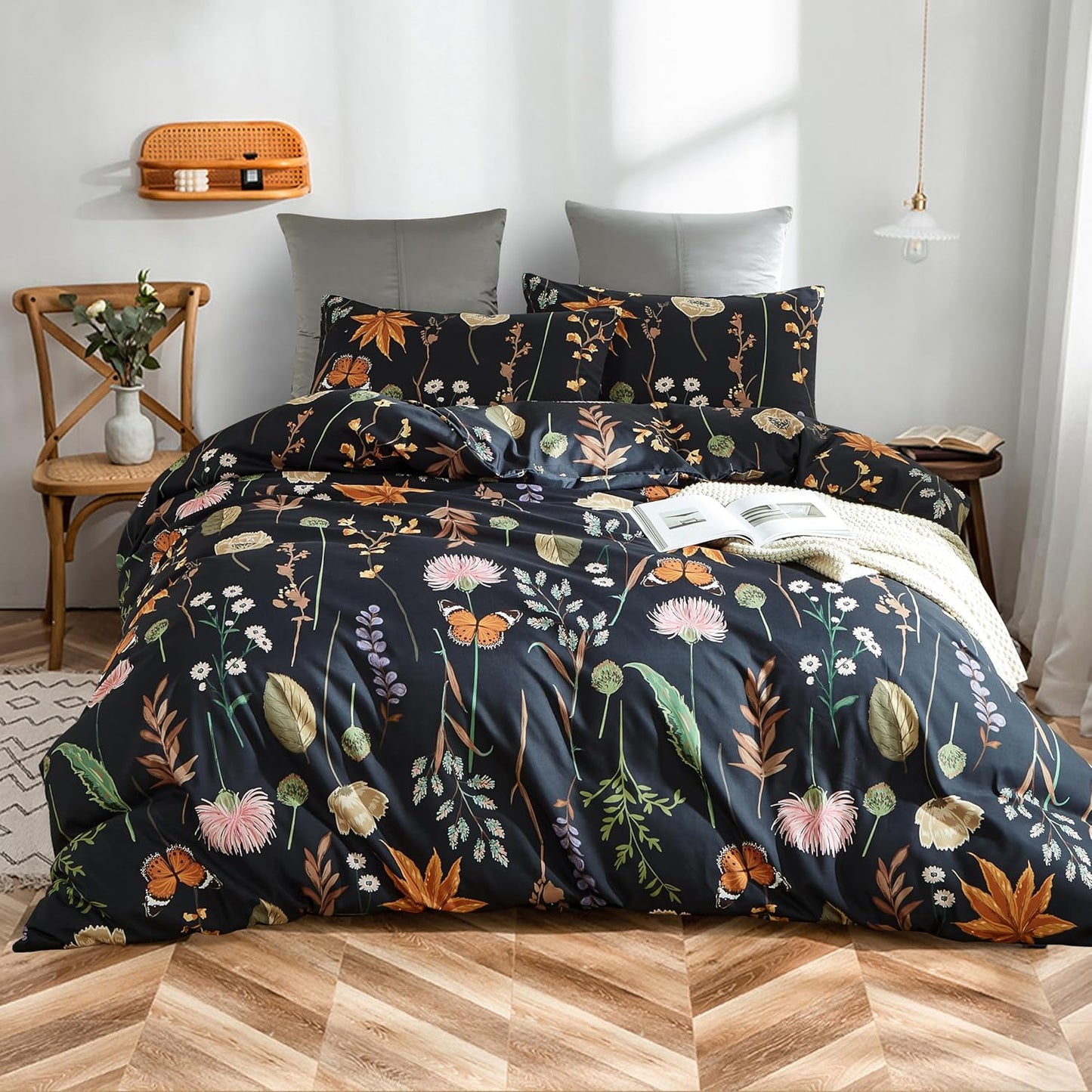 JOLUSERE 3 Piece Duvet Cover Sets Queen Soft Breathable Washed Microfiber Boho Floral Butterfly Duvet Cover, Black