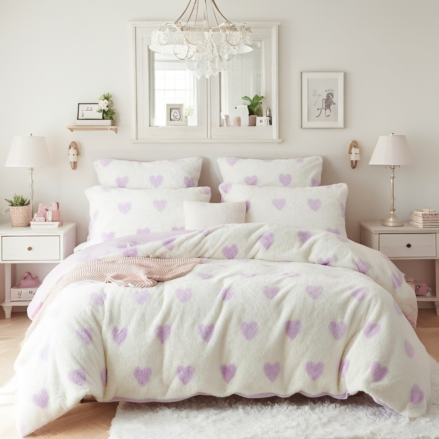 JOLUSERE Fluffy Flannel Duvet Cover Twin Set, 2-Piece Faux Rabbit Fur Luxury Cozy Warm Winter Bedding Set,Purple Heart White