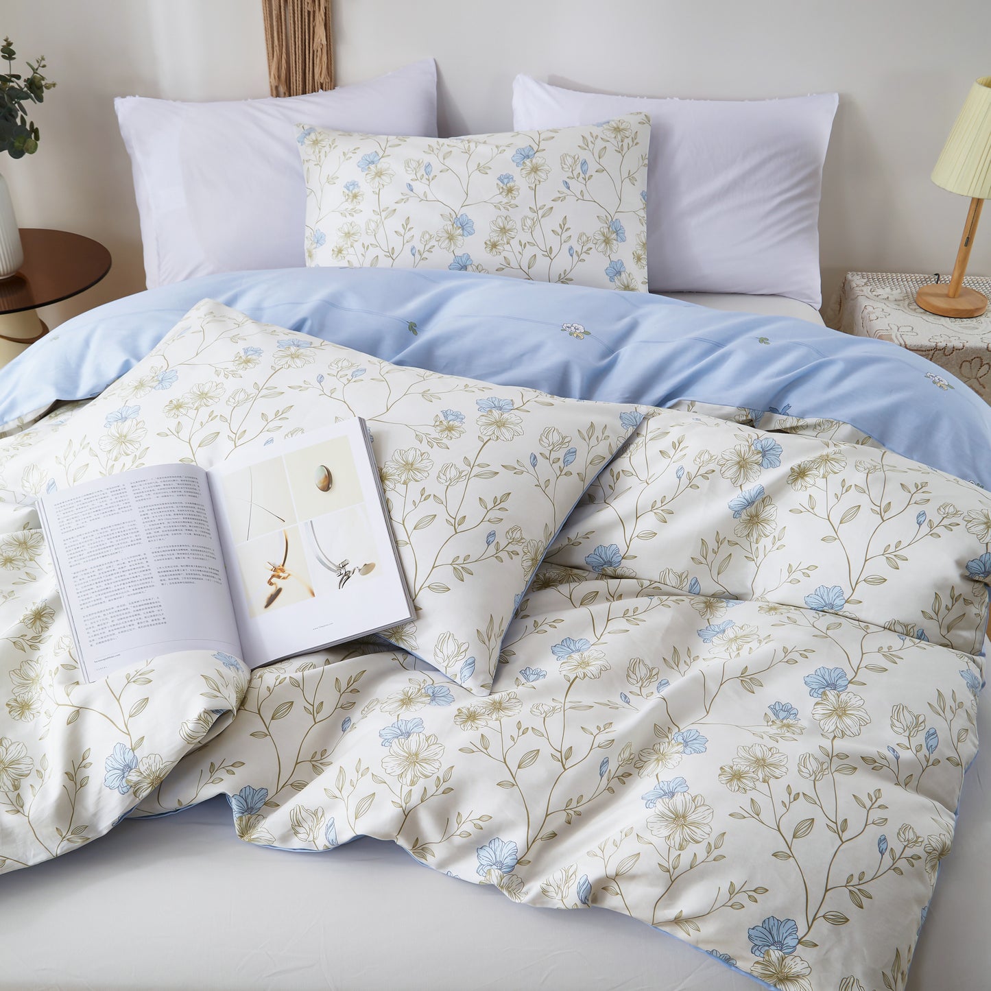 Jolusere Cotton Comforter Sets King Size, 3 Pieces Botanical Blue Floral Reversible Bedding Sets for Adults All Season