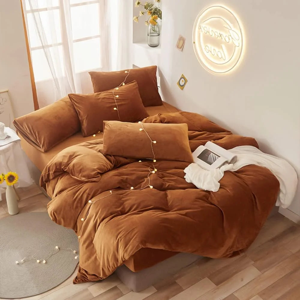 JOLUSERE Caramel Grey Velvet Duvet Cover Queen Set, 3-Piece Ultra Soft Fluffy Flannel Winter Bedding Cover