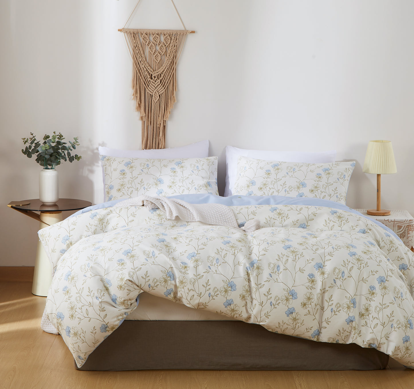Jolusere Cotton Comforter Sets King Size, 3 Pieces Botanical Blue Floral Reversible Bedding Sets for Adults All Season