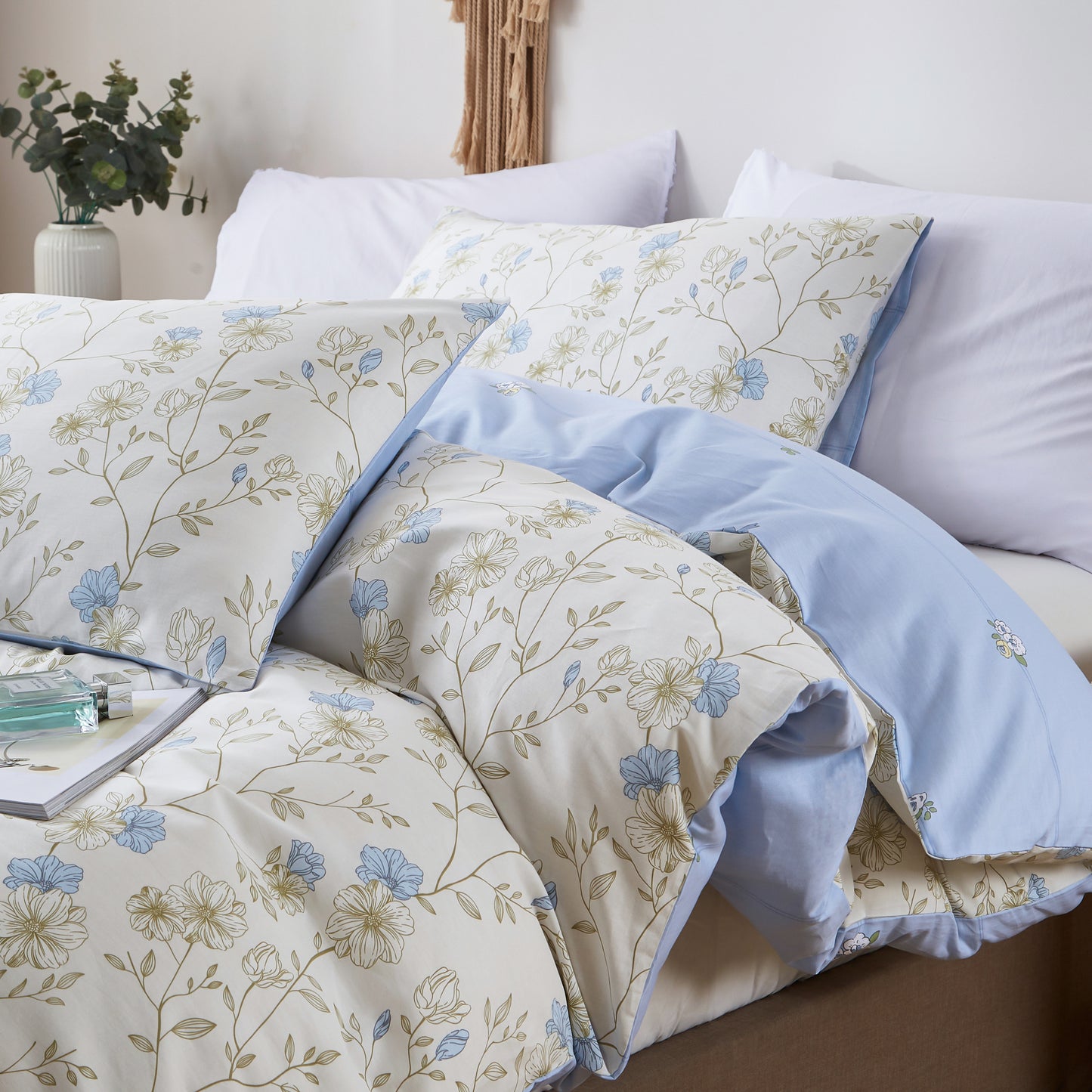 Jolusere Cotton Comforter Sets King Size, 3 Pieces Botanical Blue Floral Reversible Bedding Sets for Adults All Season