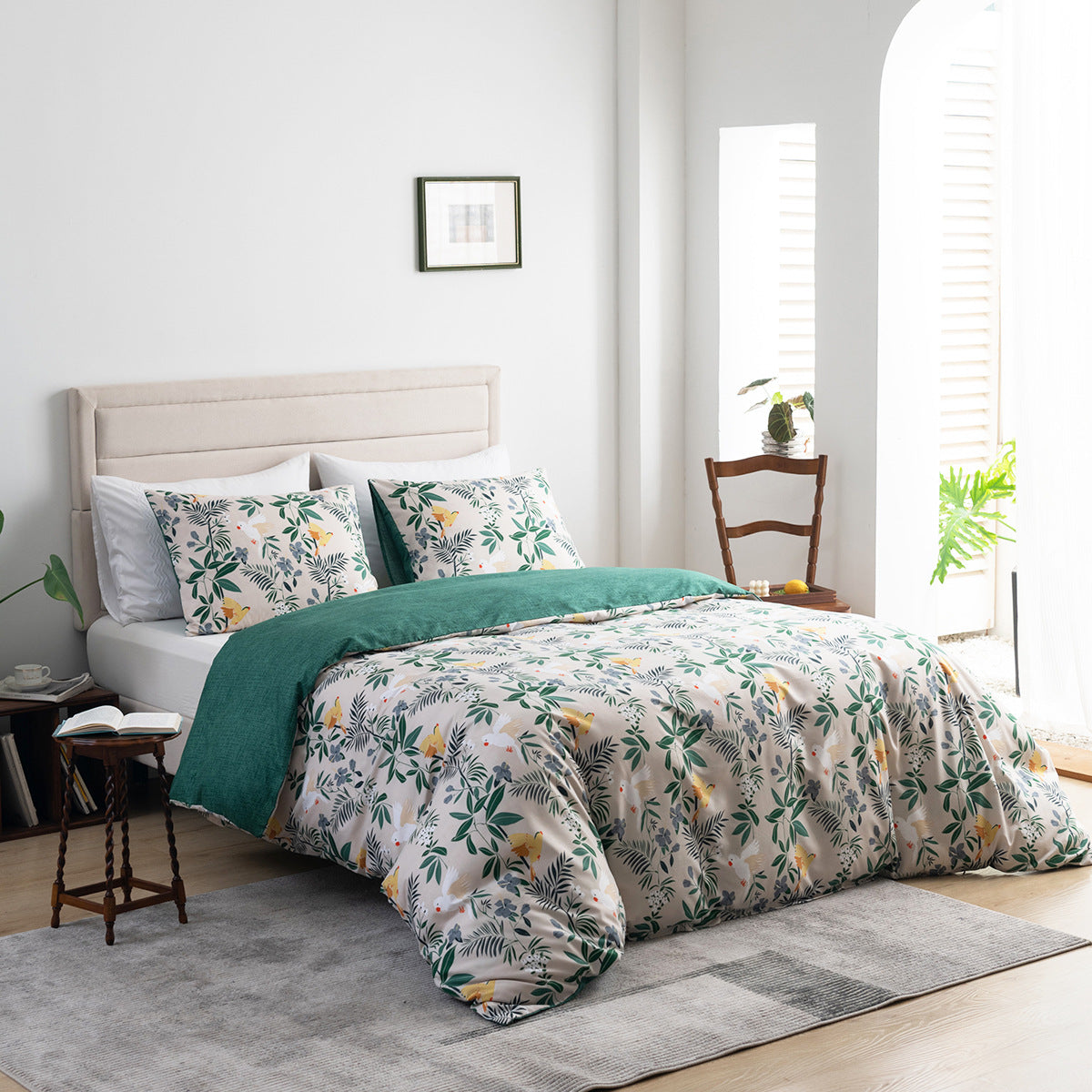Jolusere Botanical Floral Queen Comforter Sets, 3 Pieces Beige Green Leaves Reversible Bedding Sets for Adults All Season