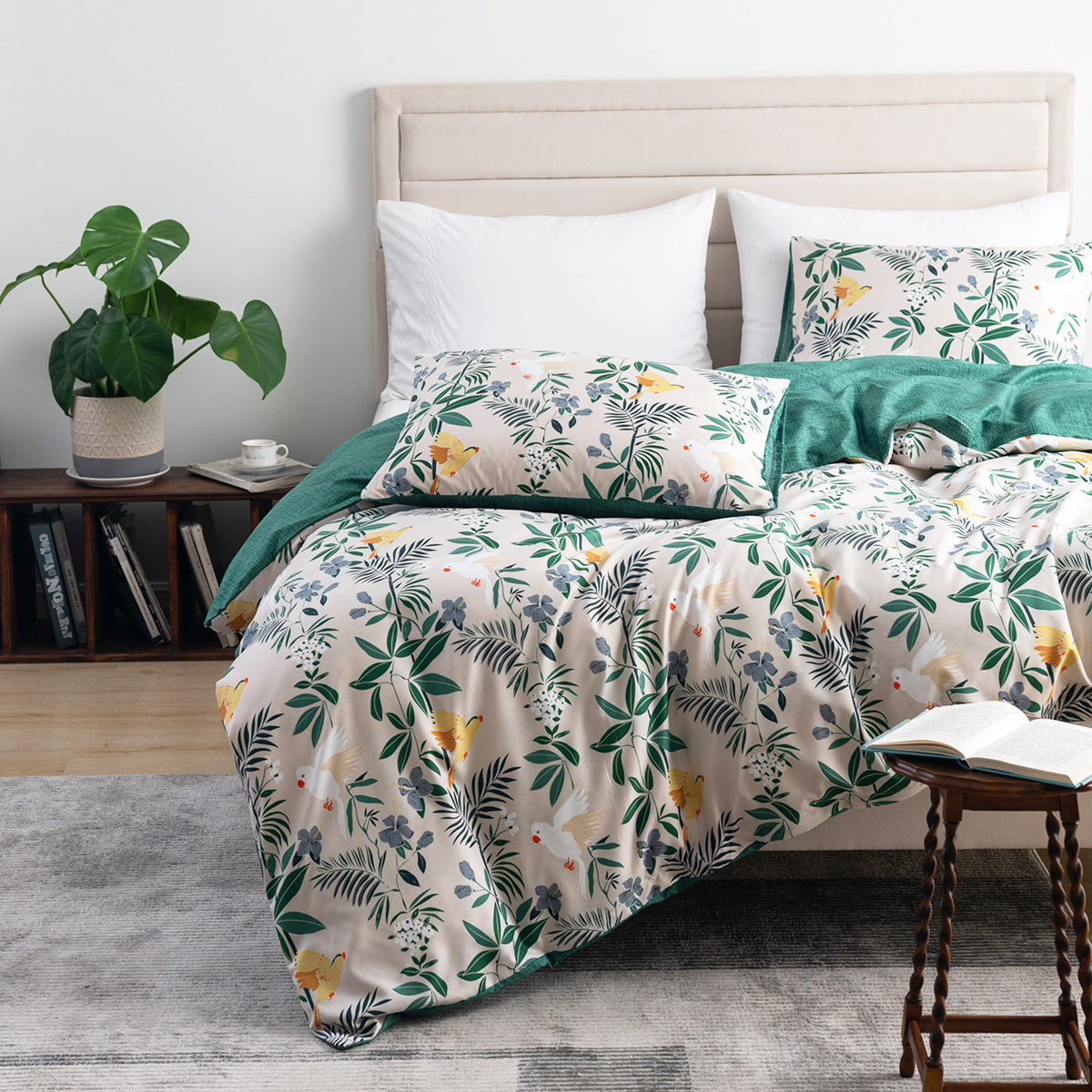 Jolusere Botanical Floral Queen Comforter Sets, 3 Pieces Beige Green Leaves Reversible Bedding Sets for Adults All Season