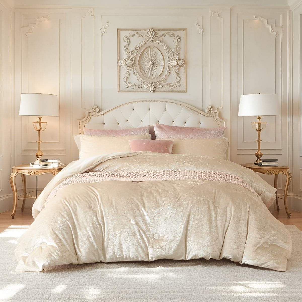 JOLUSERE Cozy Velvet Comforter King Set，Luxury 3-Piece Winter Fluffy Shiny Flannel Warm Reversible Comforter Set，Champagne Gold