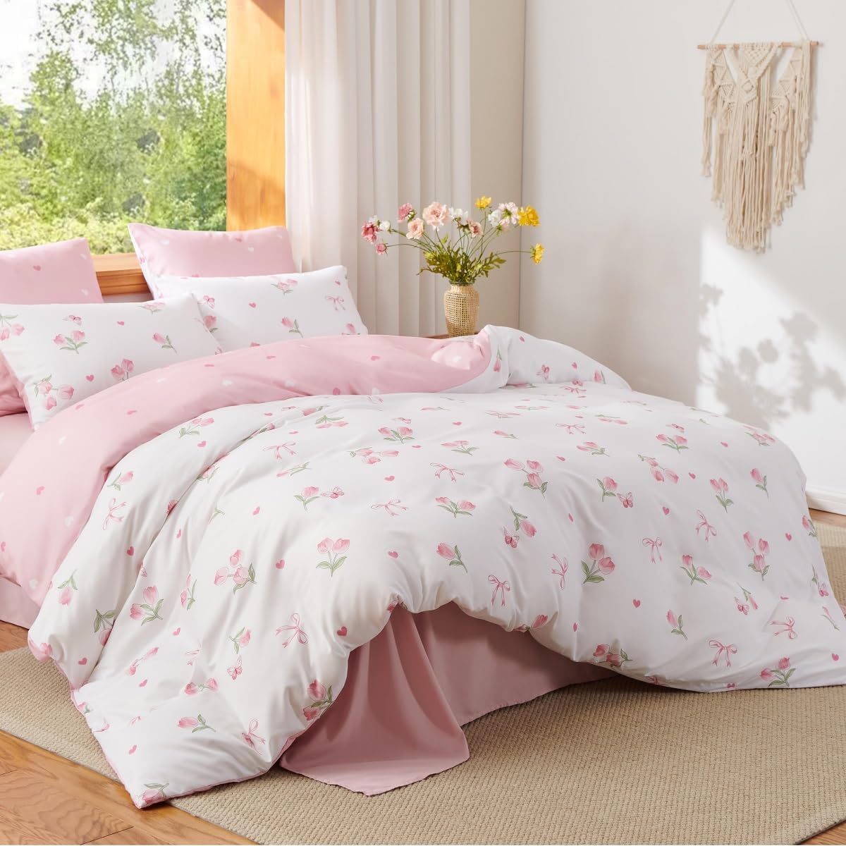 JOLUSERE Pink Tulip Queen Comforter Set, 3-Piece Pink Flowers Reversible Soft Bedding Set or Adults All Season