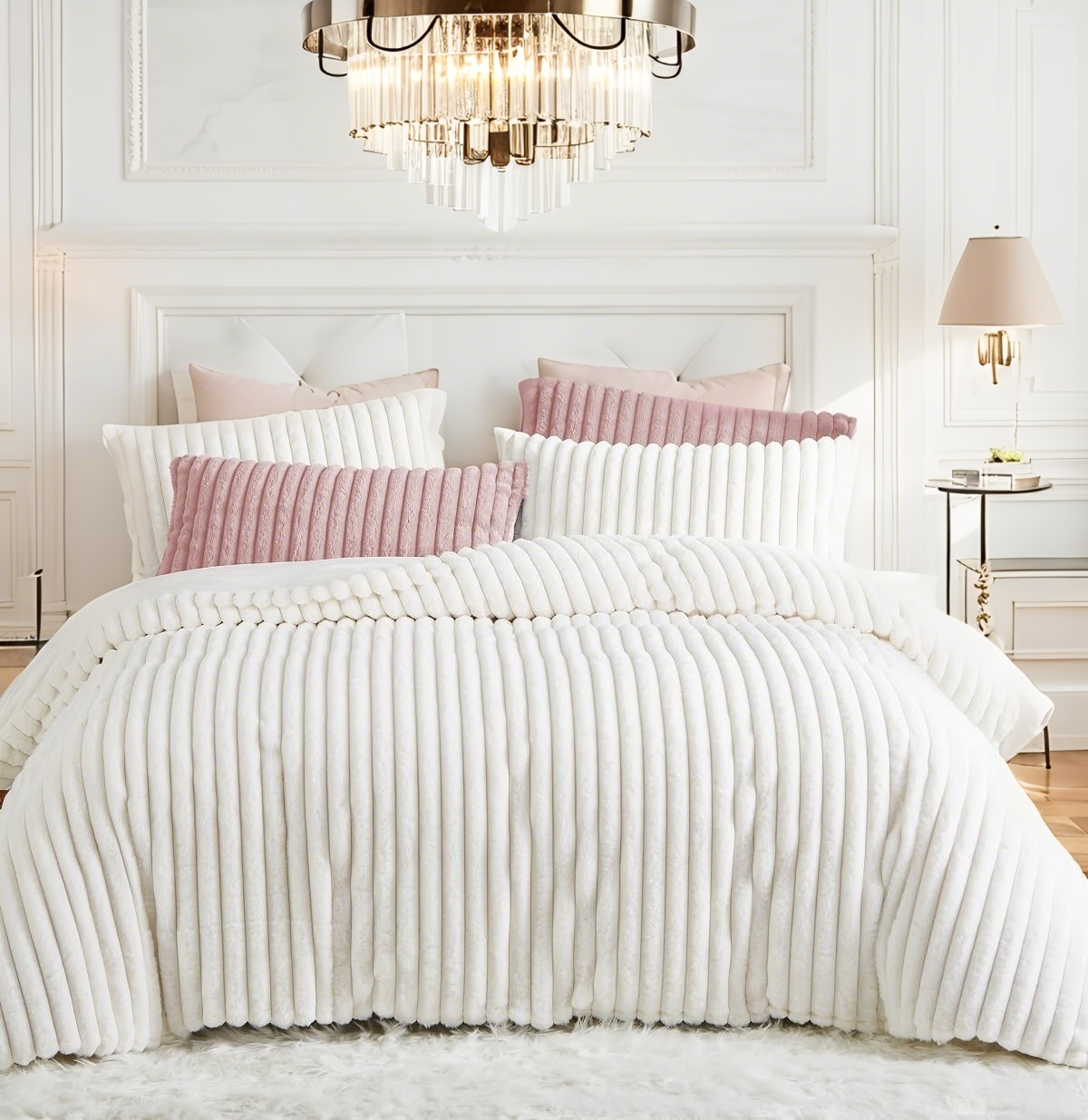 JOLUSERE Creamy White Fluffy Striped Duvet Cover King Set, 3-Piece Super Soft Faux Rabbit Fur Winter Warm Fuzzy Comforter Cover