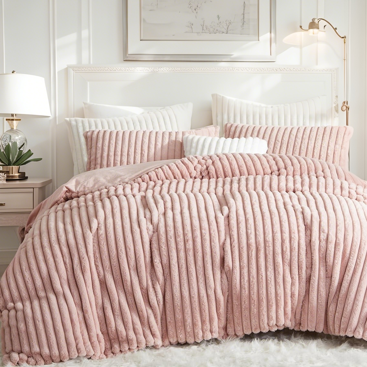 JOLUSERE Soft Pink Fluffy Striped Duvet Cover King Set, 3-Piece Super Soft Faux Rabbit Fur Winter Warm Fuzzy Comforter Cover