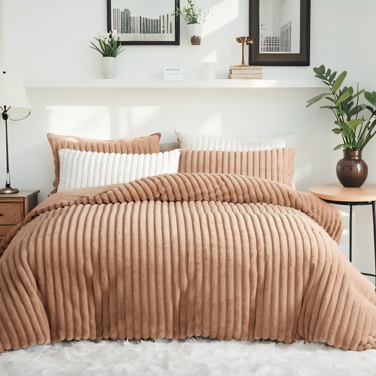 JOLUSERE Khaki Fluffy Striped Duvet Cover King Set, 3-Piece Super Soft Faux Rabbit Fur Winter Warm Fuzzy Comforter Cover