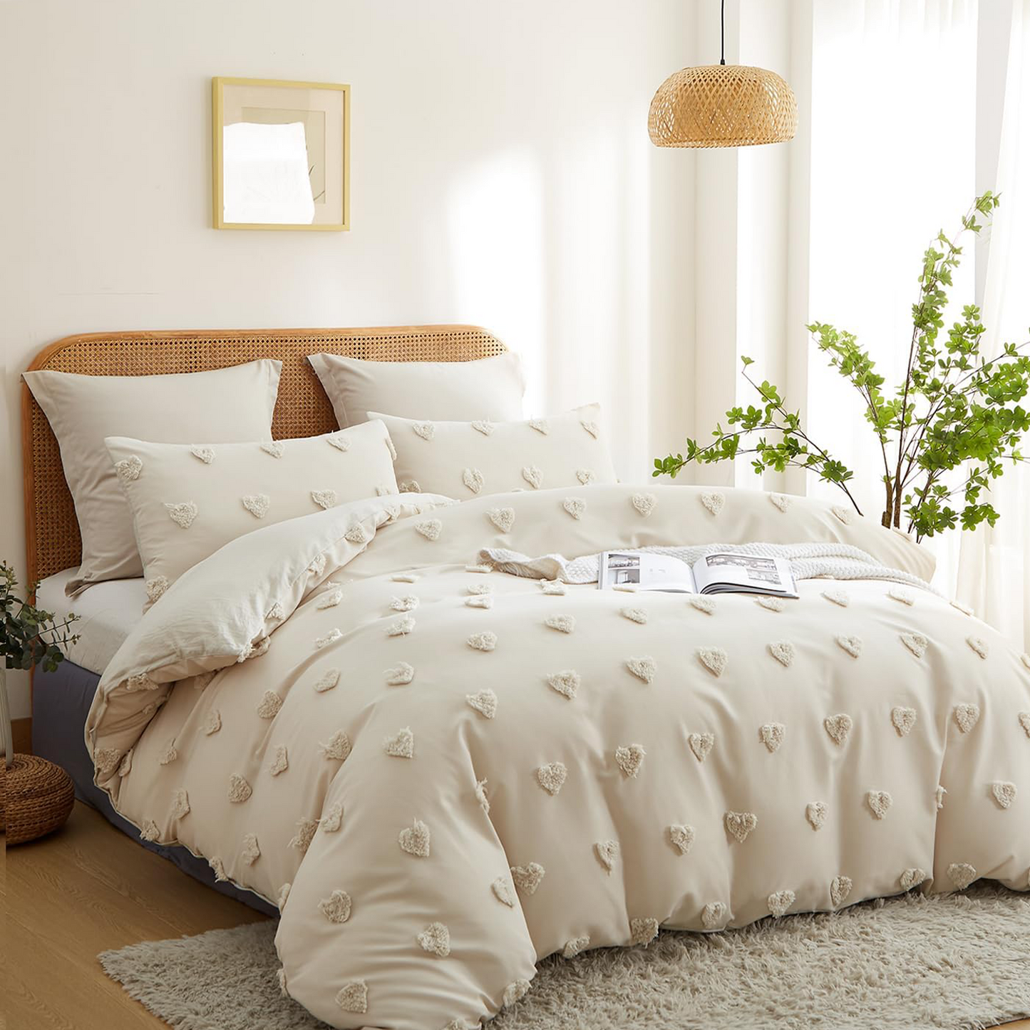 JOLUSERE Beige Tufted Heart Dot Duvet Cover King Set, 3 Pieces Ultra Soft Jacquard Embroidery Shabby Chic Bedding Set for All Season