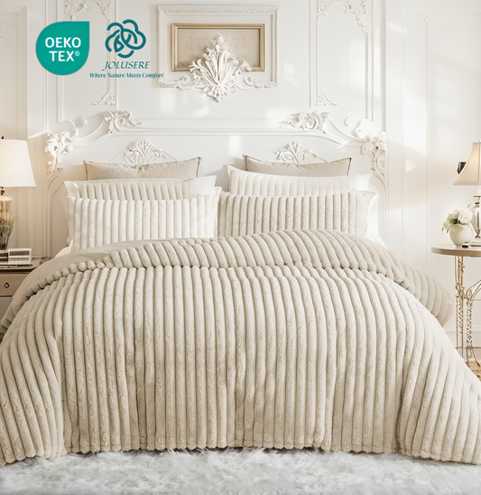 JOLUSERE Beige Fluffy Striped Duvet Cover Queen Set, 3-Piece Super Soft Faux Rabbit Fur Winter Warm Fuzzy Comforter Cover