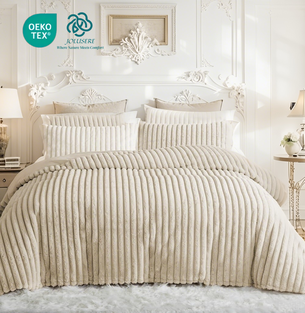 JOLUSERE Beige Fluffy Striped Duvet Cover King Set, 3-Piece Super Soft Faux Rabbit Fur Winter Warm Fuzzy Comforter Cover