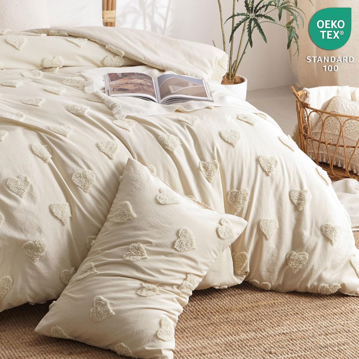 JOLUSERE Beige Tufted Heart Dot Duvet Cover King Set, 3 Pieces Ultra Soft Jacquard Embroidery Shabby Chic Bedding Set for All Season