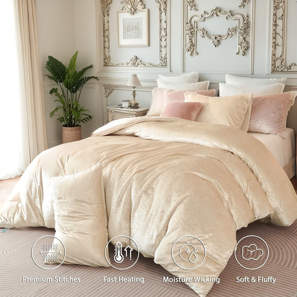 JOLUSERE Cozy Velvet Comforter King Set，Luxury 3-Piece Winter Fluffy Shiny Flannel Warm Reversible Comforter Set，Champagne Gold