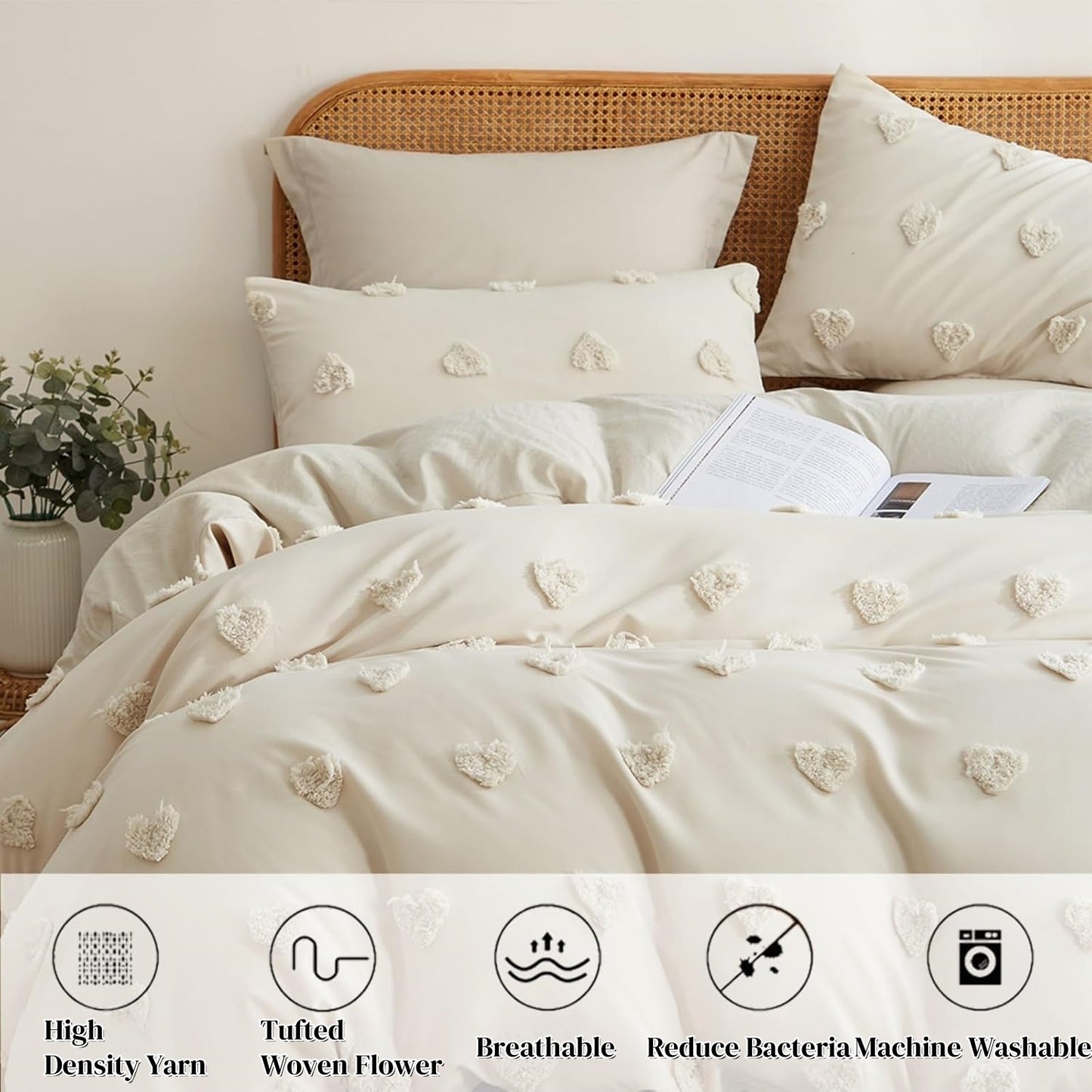 JOLUSERE Beige Tufted Heart Dot Duvet Cover King Set, 3 Pieces Ultra Soft Jacquard Embroidery Shabby Chic Bedding Set for All Season