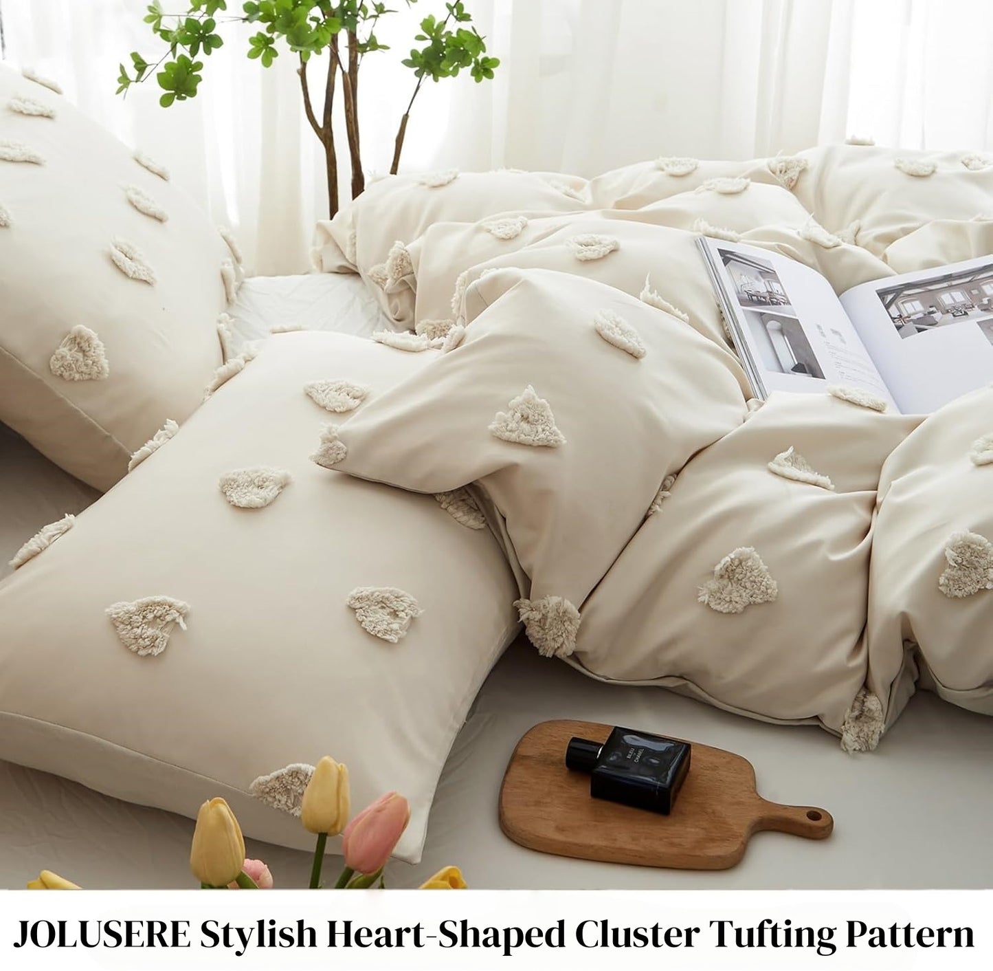 JOLUSERE Beige Tufted Heart Dot Duvet Cover King Set, 3 Pieces Ultra Soft Jacquard Embroidery Shabby Chic Bedding Set for All Season