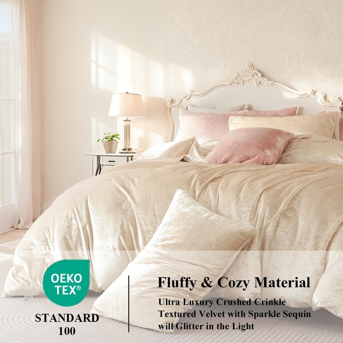 JOLUSERE Cozy Velvet Comforter King Set，Luxury 3-Piece Winter Fluffy Shiny Flannel Warm Reversible Comforter Set，Champagne Gold